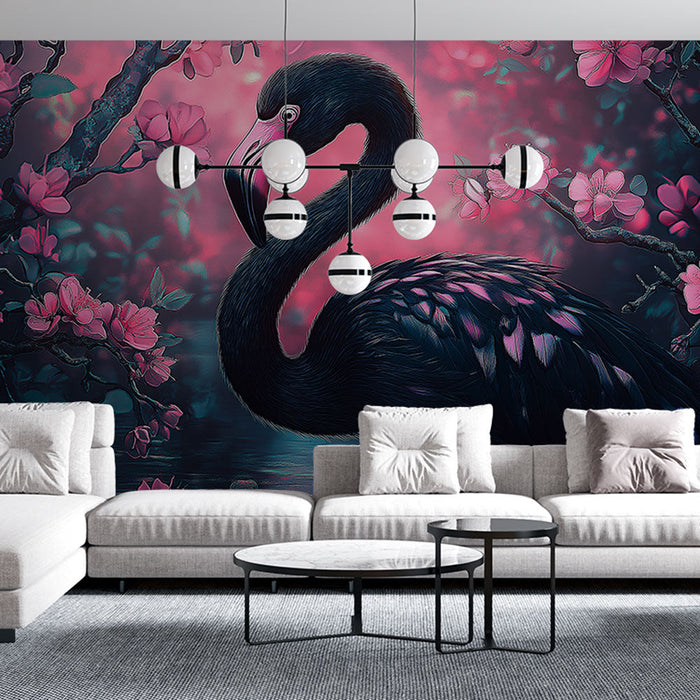 Fototapet flamingo | Pembe çiçeklerle çevrili muhteşem flamingo ve hayalperest bir atmosfer