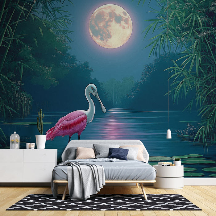 Fototapet flamingo | Noćni krajolik s flamingom uz vodu pod punim mjesecom