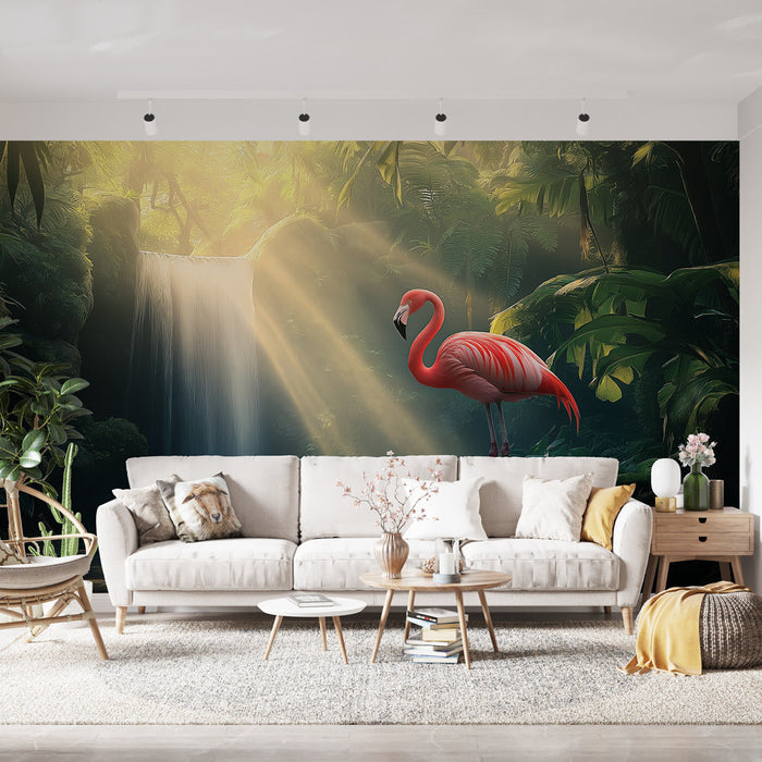 Tapetti flamingo | Trooppinen maisema vesiputouksella ja luonnon majesteettisuus