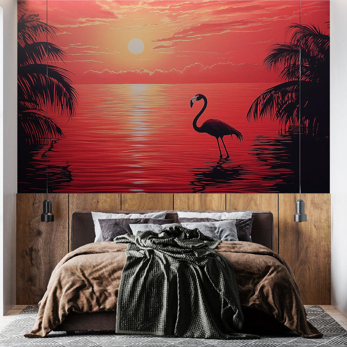 Foto Behang flamingo | Een flamboyante zonsondergang en een rustgevende silhouet