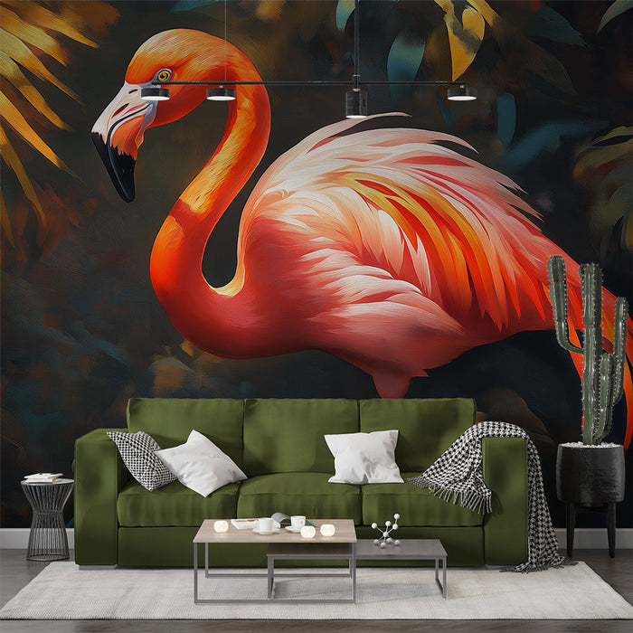 Carta da parati con fenicottero | Un maestoso fenicottero in mezzo a una lussureggiante vegetazione