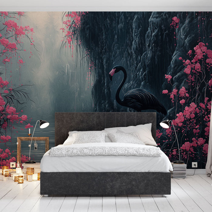 Fototapet flamingo gül | Canlı pembe çiçekler ve su kenarında bir flamingo ile gizemli bir manzara