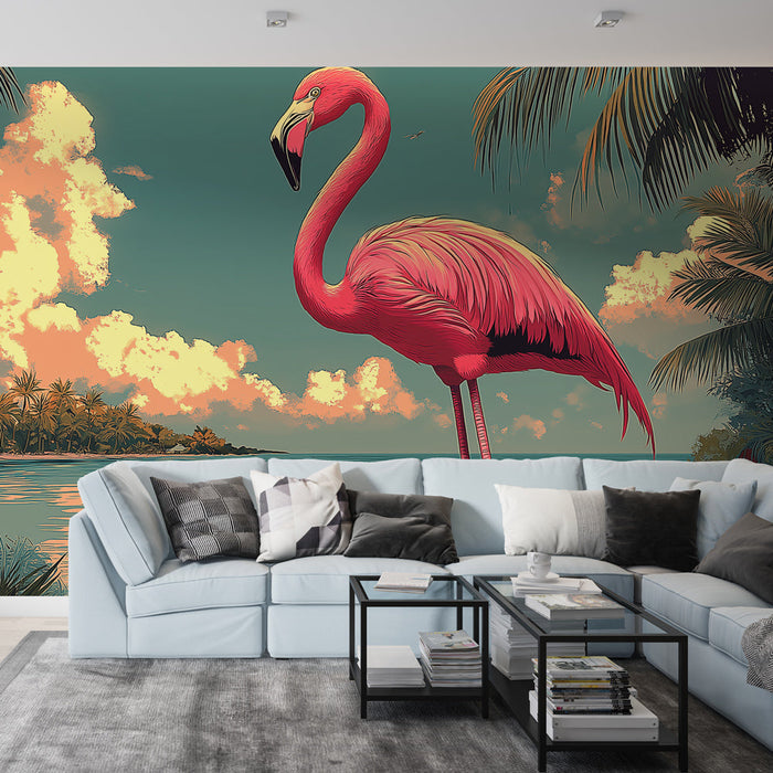 Fototapet flamingo | Et levende tropisk landskab med en flamingo ved havet