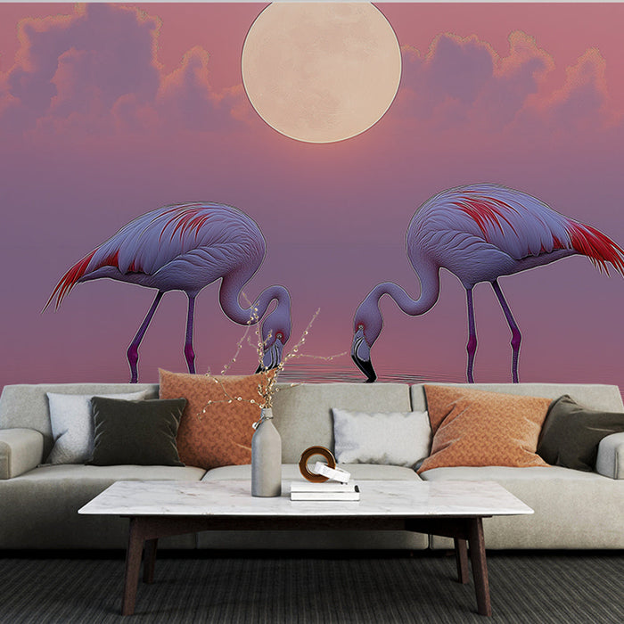 Tapet cu flamingo | Flamingo eleganți la apus sub luna plină