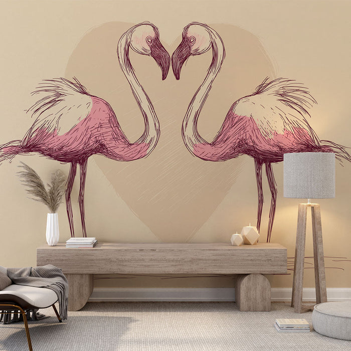 Fototapet flamingoer | Delikat illustration af to flamingoer, der danner et hjerte