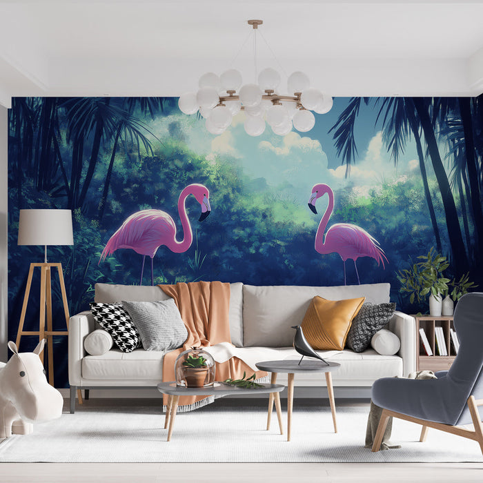 Fototapet flamingosi | Tropska scena s flamingosima na mirnom jezeru