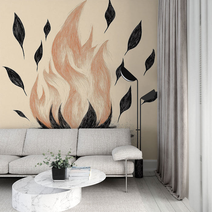 Mural Wallpaper flammer og løv | Kunstnerisk design av flammer med stiliserte blader