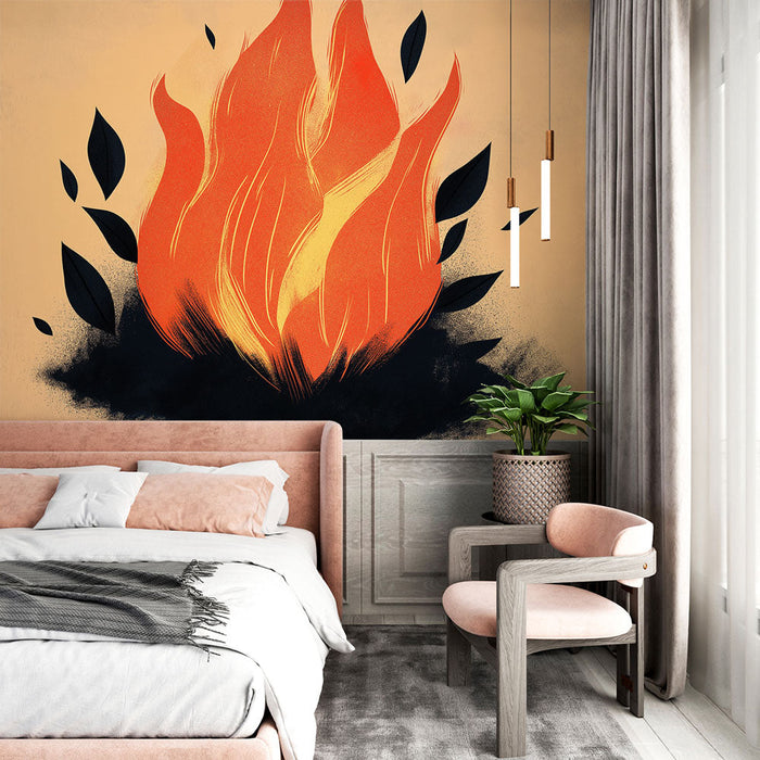 Papel pintado flame | Ilustración artística de fuego con hojas