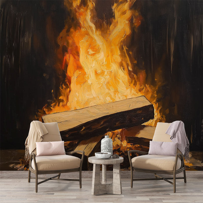 Mural Wallpaper flames | Vibrant illustration of a burning wood fire