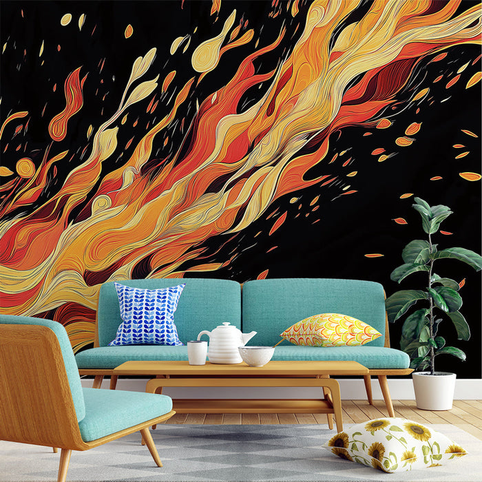 Mural Wallpaper flammer | Stilisert mønster av lyse flammer på en svart bakgrunn