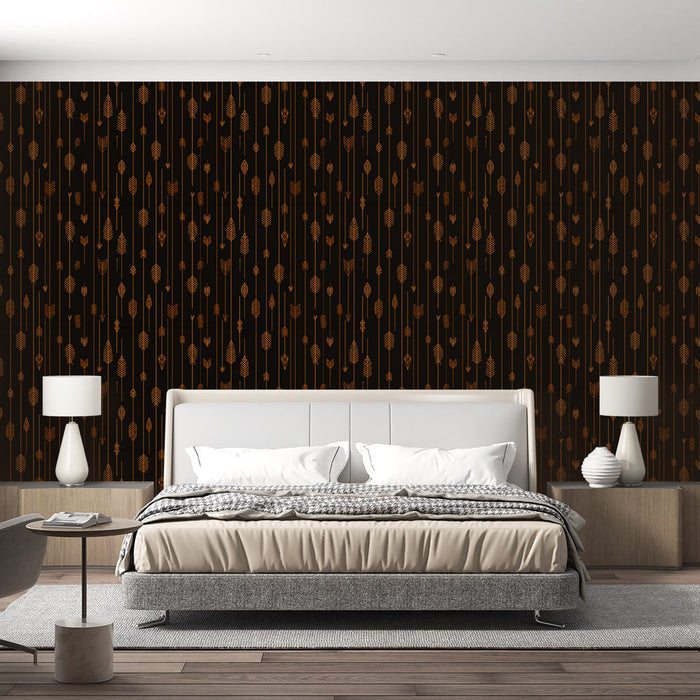 Mural Wallpaper arrows and leaves | Elegant gold patterns on a black background
