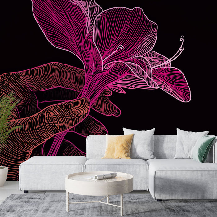 Carta da parati floreale astratta | Mano che tiene un fiore rosa su sfondo nero