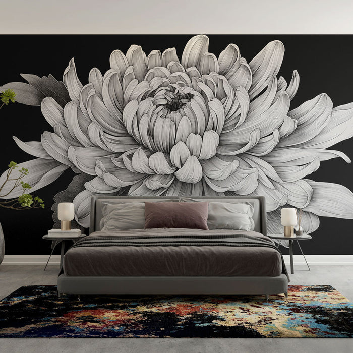 Muraaltapeet valge lill | Õrn lille illustratsioon mustal taustal