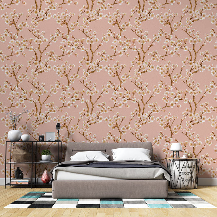 Fototapet körsbärsblomning | Körsbärsblomgrenar i blomning mot en rosa bakgrund