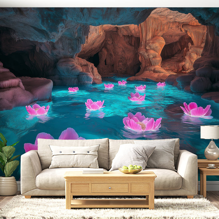 Tapet floare de lotus | Oază magică cu flori de lotus într-o peșteră