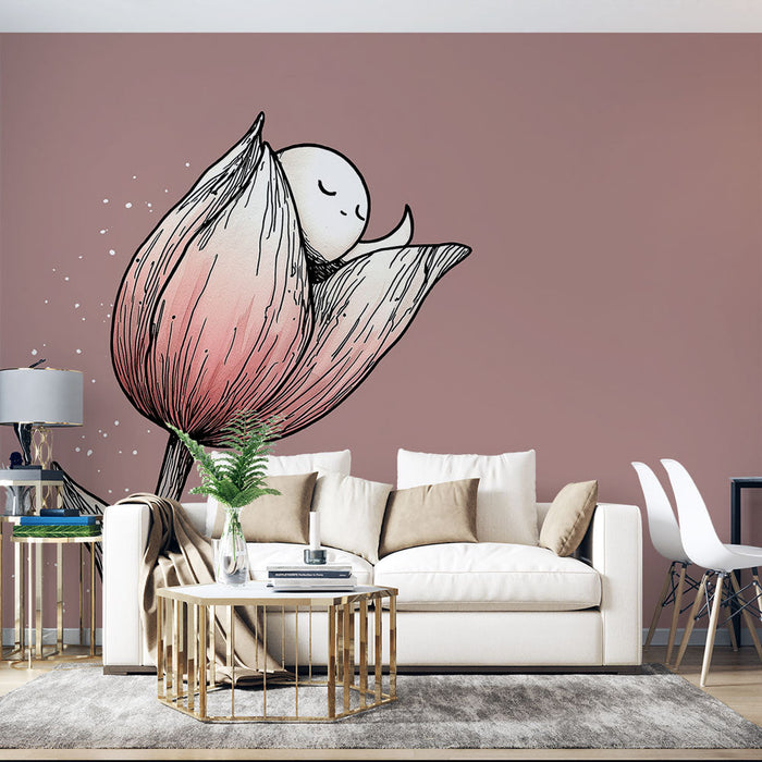Papel de parede delicado flor | Uma flor estilizada com um personagem sorridente