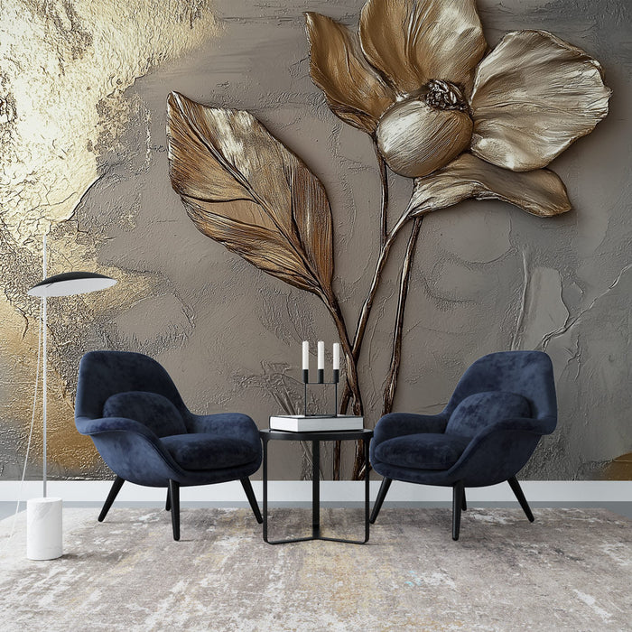 Mural Wallpaper golden flower | Elegant floral illustration on gray background