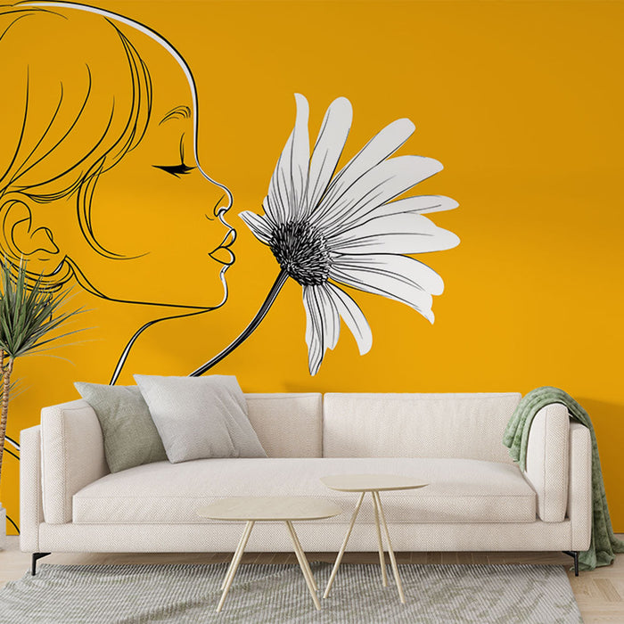 Tapetti kukka ja kasvot | Hieno kuva nuoresta tytöstä, joka haistaa valkoista kukkaa keltaisella taustalla