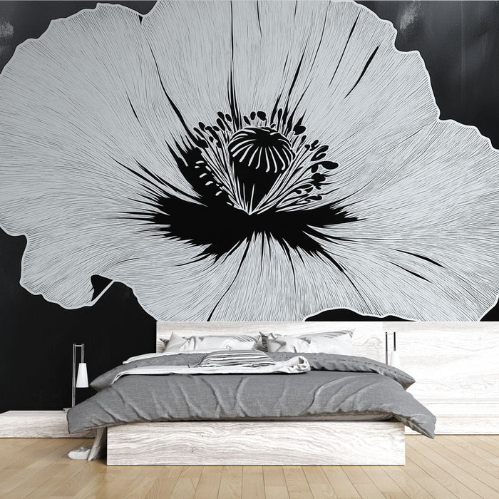 Mural Wallpaper blomst | Monokrom illustrasjon av en stor elegant blomst