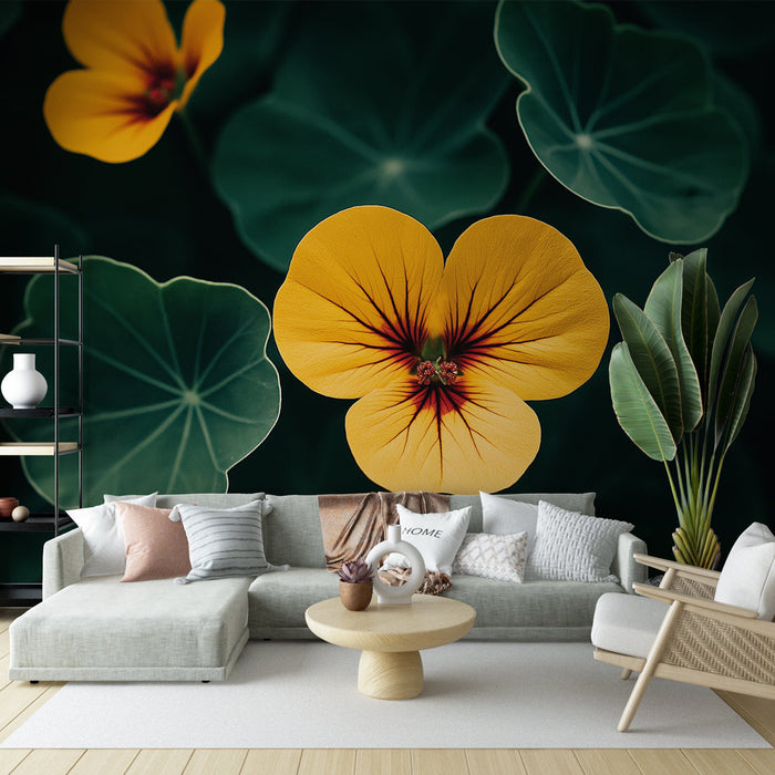 Fototapet gul blomma | Ljus krasseblomma på en djupgrön bakgrund