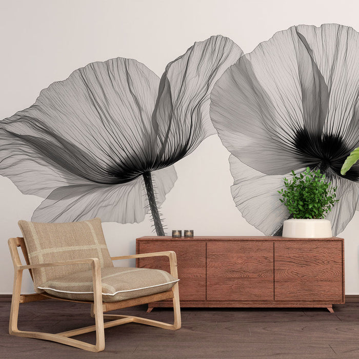 Mural Wallpaper black and beige flower | Duo of poppies