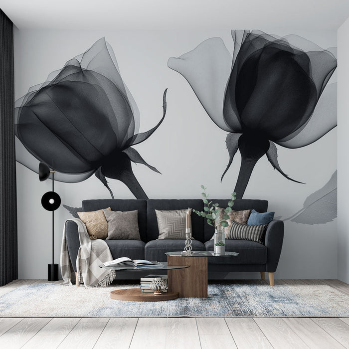 Papel pintado negro y blanco flor | Dúo de rosas