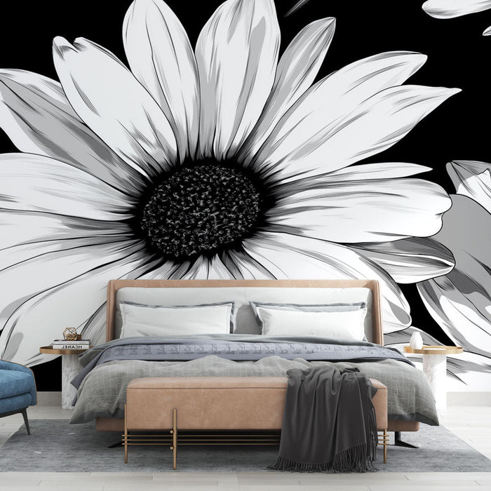 Papel pintado negro y blanco flor | Margaritas y pétalos