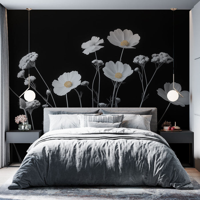 Papel de parede preto e branco com flores | Foto panorâmica com um toque de cor