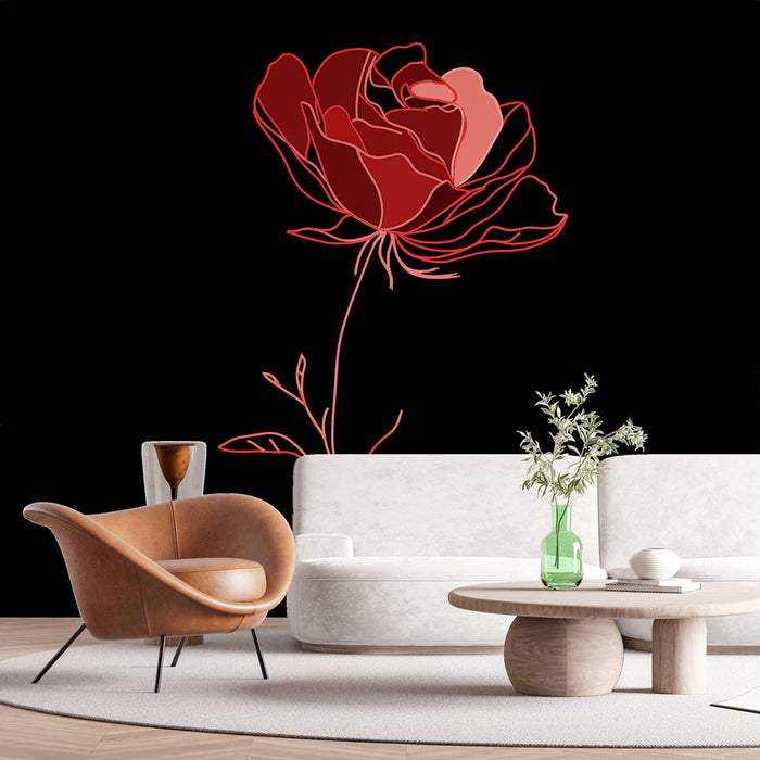 Fototapet rød blomst | Elegant rosa med delikate konturer på en svart bakgrunn