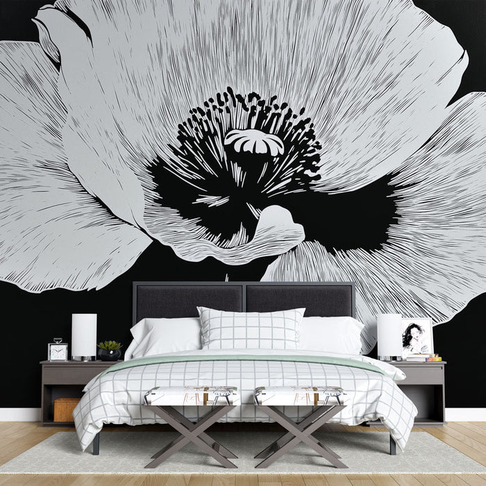 Fototapet stiliseret blomst | Hvid pæon på sort baggrund