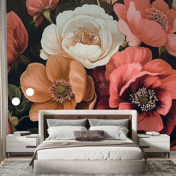 Tapetti kukilla | Kukkien räjähdys mustalla taustalla