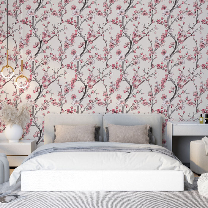 Fototapet med blomster | Elegante lyserøde blomstergrene på en beige baggrund