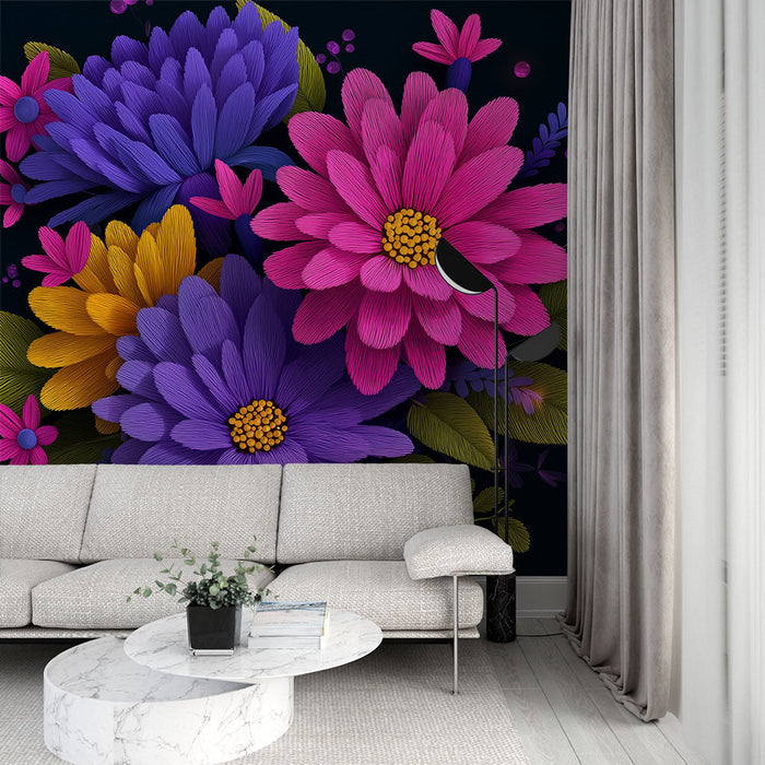 Ταπετσαρία με λουλούδια και πυκνή φυλλωσιά σε σκούρο φόντο.