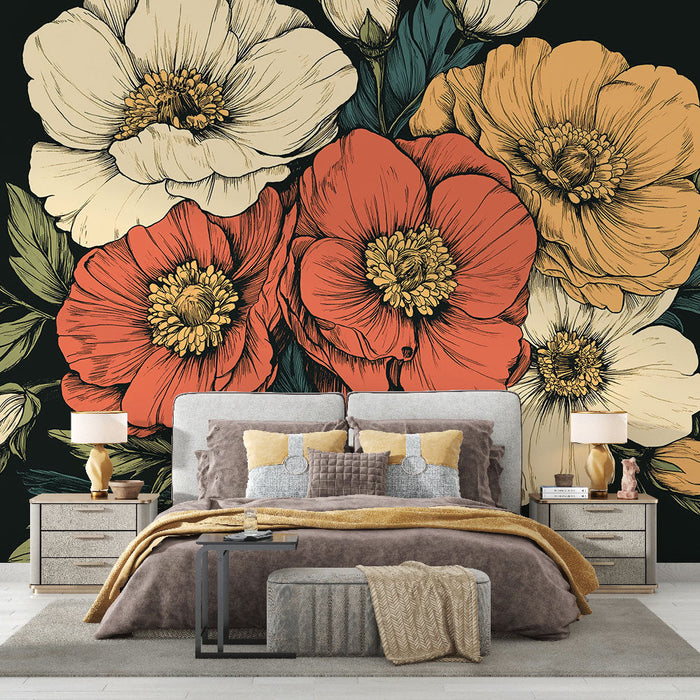 Фототапет с цветя | Ярки цветя на черен фон