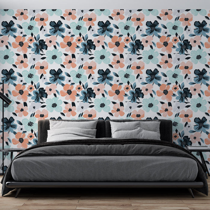 Mural Wallpaper with Flower Pattern | Colorful motif of delicate flowers on a white background