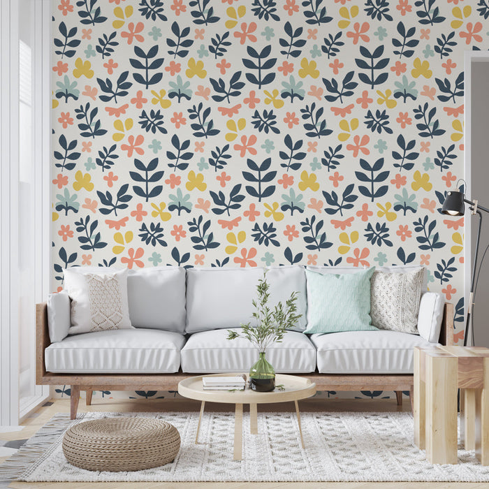 Tapéta virágos | Színes virágok és lomb motívuma