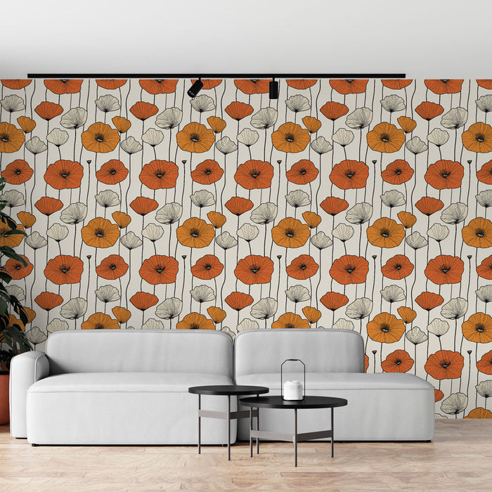 Fototapet z rožnatim vzorcem | Motiv oranžnih in belih cvetov na kremnem ozadju