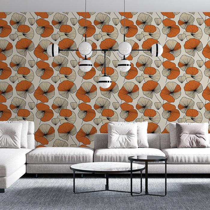 Tapetti kukkakuvioilla | Oranssi ja musta kukkakuvio vaalealla taustalla