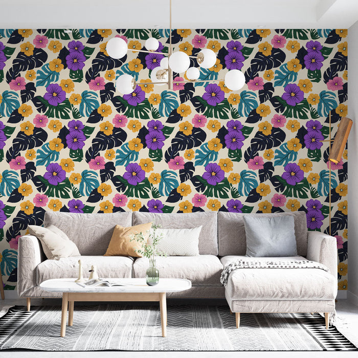 Fototapet med blomstermønster | Levende mønster av tropiske blomster og blader