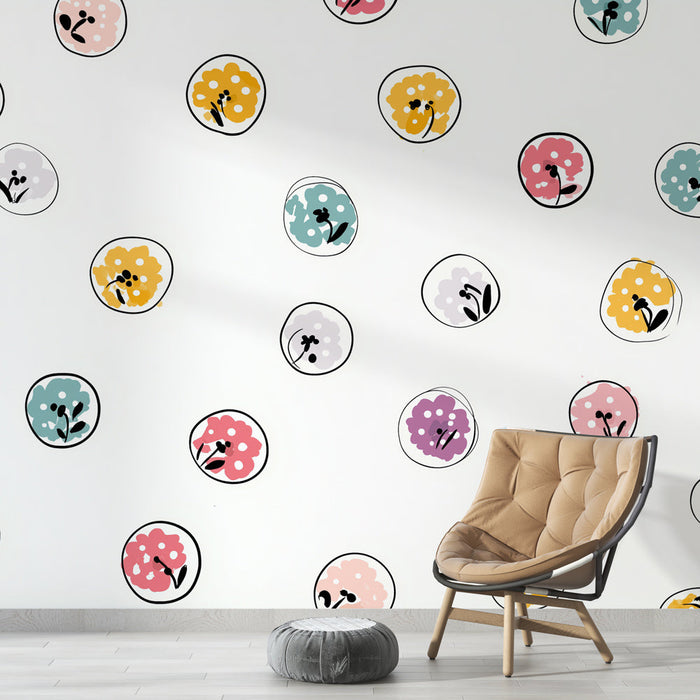 Tapete s šarenim cvjetnim motivima u krugovima na bijeloj pozadini