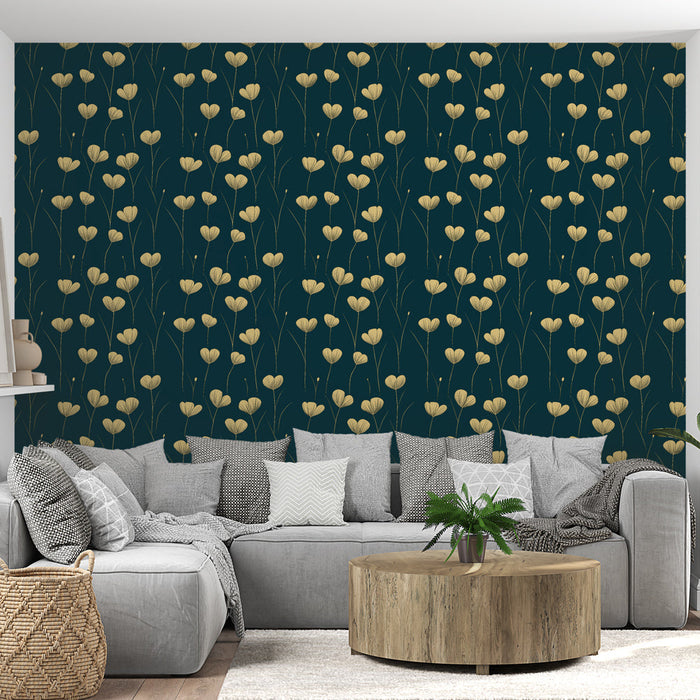 Fototapet s cvetličnimi motivi | Zlate cvetlične vzorce na globoko modrem ozadju