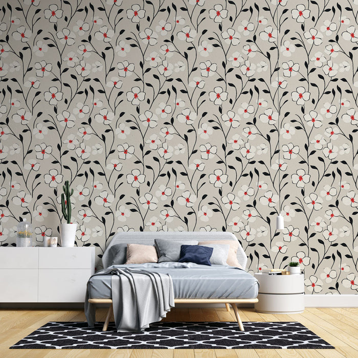 Floral Mural Wallpaper | Delicate patterns of white and red flowers on a beige background