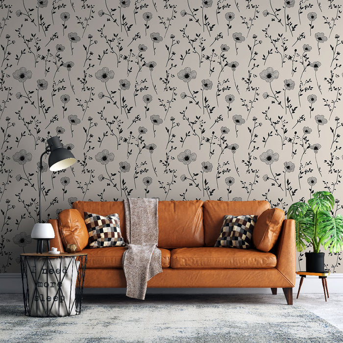 Tapeta czarno-biała z kwiatowym wzorem | Delikatny wzór kwiatowy na beżowym tle
