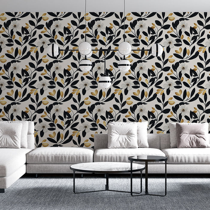 Tapeta s květinovým motivem černé a zlaté barvy | Motiv bílých květů s černým listím a zlatými akcenty