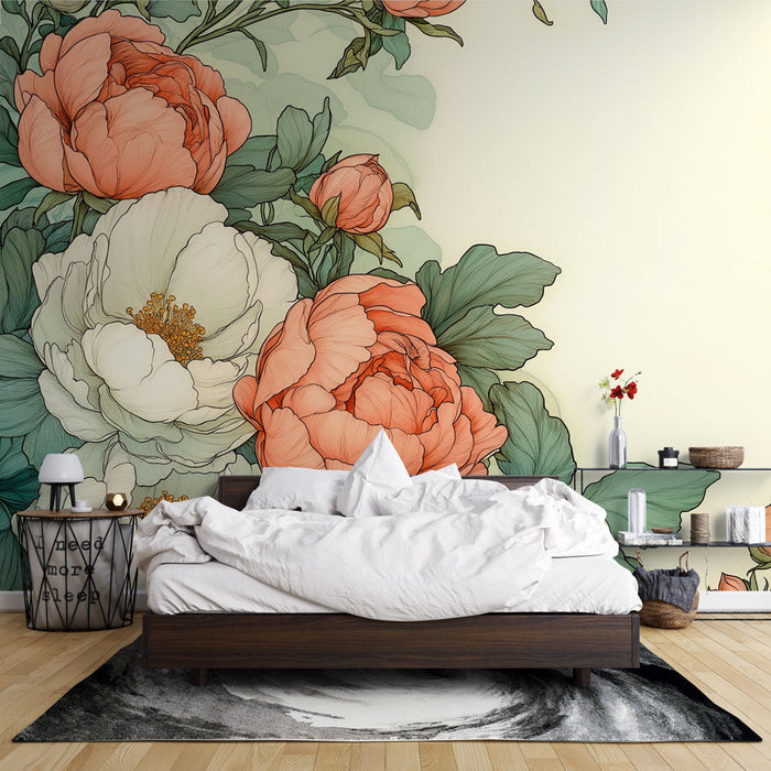 Nástěnná tapeta s květinami | Elegantní pivoňky na jemném pozadí