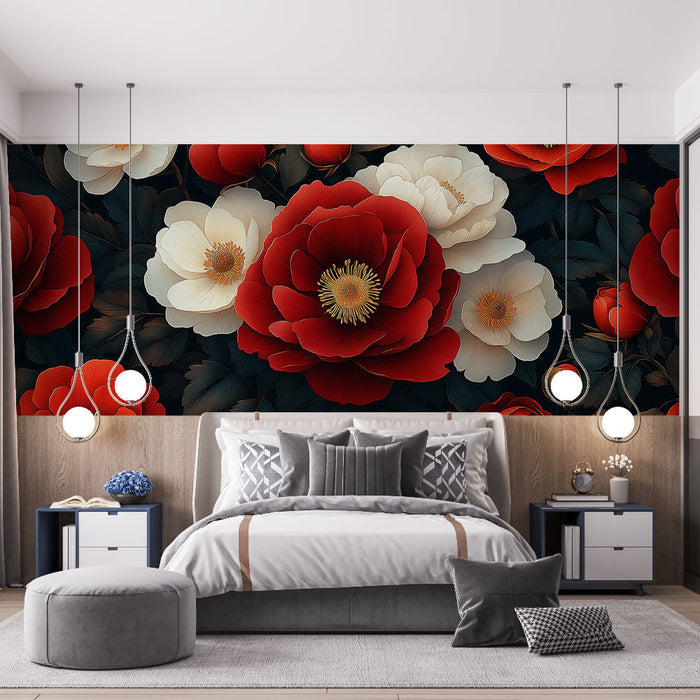 Ταπετσαρία τοίχου με λουλούδια | Κόκκινες και λευκές παιώνιες σε μαύρο φόντο