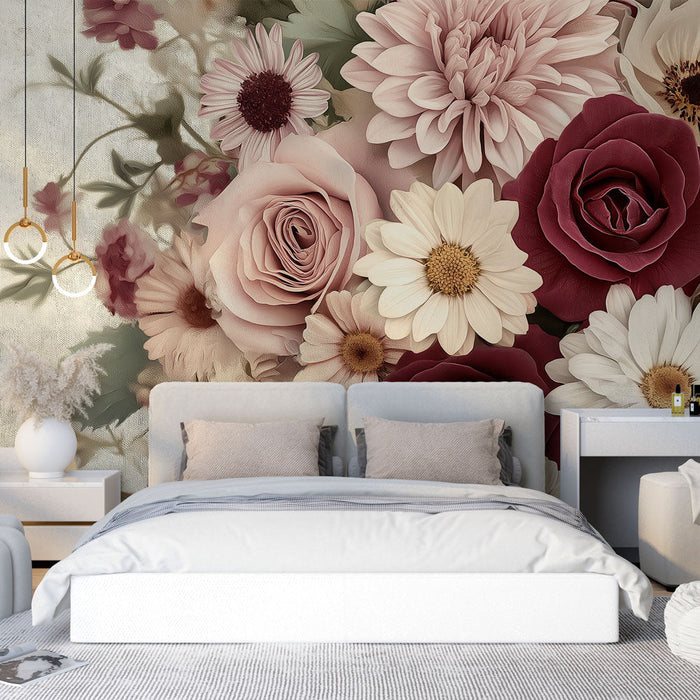 Carta da parati con fiori | Rose e margherite in tonalità morbide