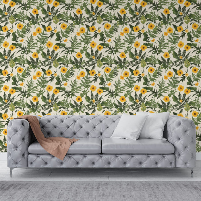 Papel pintado floral | Una vibrante mezcla de flores amarillas y follaje verde.