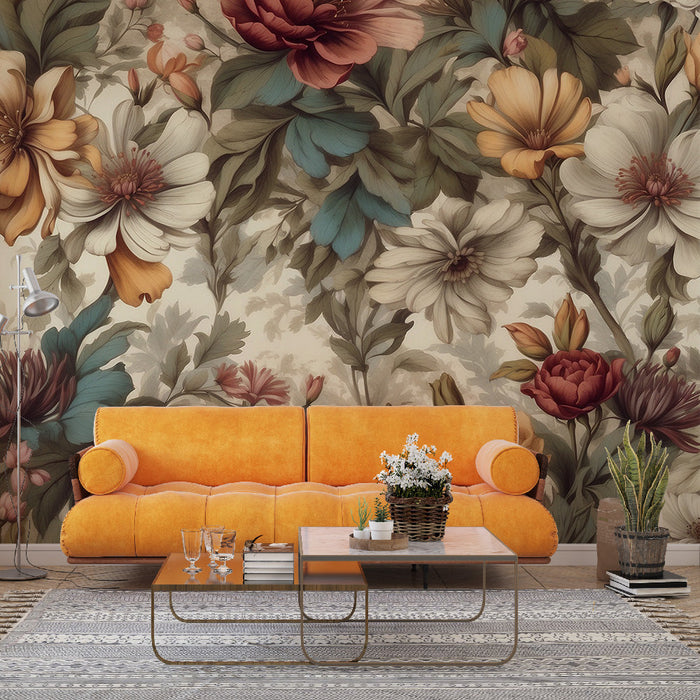Colorful Vintage Floral Mural Wallpaper | Neutral Tone and Aged