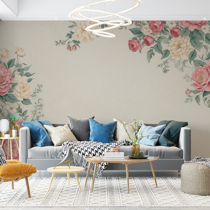 Vintage Floral Mural Wallpaper | Pink and Yellow Flower Composition